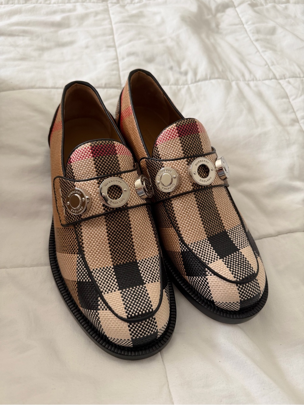 Burberry Beige Black Check Grosgrain Loafers with Pink Accent